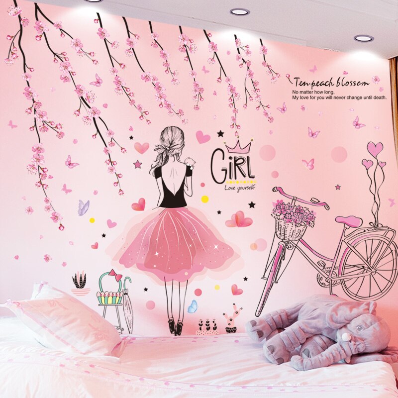 Pegatinas de pared de niña de dibujos animados, calcomanías de Mural de bicicleta de flores de melocotón DIY para habitaciones de niños, dormitorio de bebé, guardería, decoración del hogar