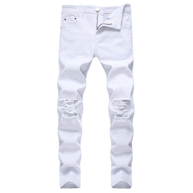 Solide Weiß Zerrissene Jeans Männer Klassische Retro Mens Dünne Jeans Elastische Denim Hosen Hosen Casual Slim Fit Bleistift hose: White Ripped Jeans / 40