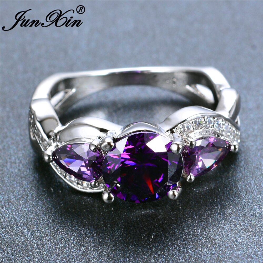 JUNXIN Luxury Female Purple Round Ring White Gold Filled Jewelry Vintage Wedding Engagement Rings For Women