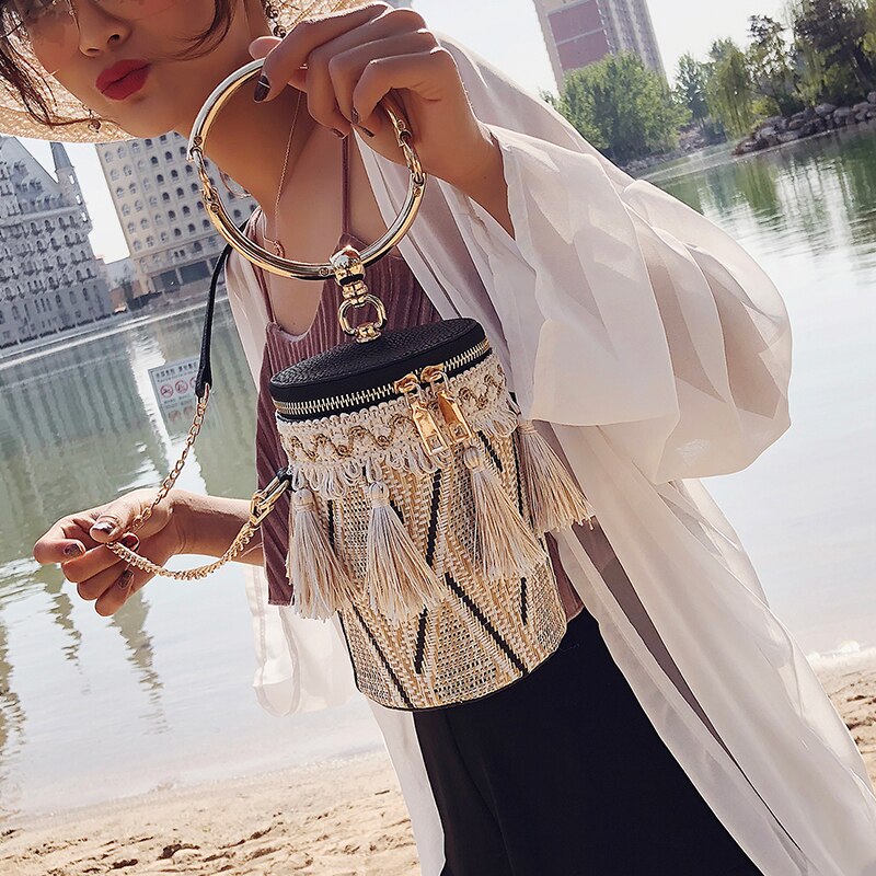 Stroh Damen Quaste Tote Tasche Schulter Taschen Zylinder Form Kette Geldbörse Und Handtaschen Mini Bolsa
