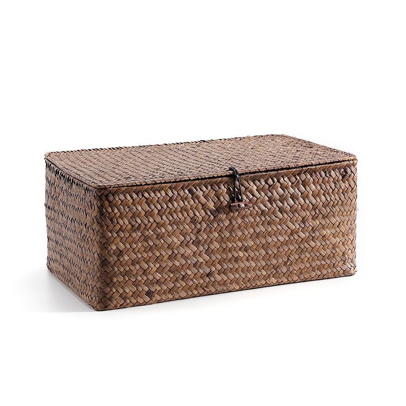 Cesta de almacenamiento tejida con tapa, cestas de almacenamiento de algas marinas para el hogar, cajas de juguetes para artículos diversos a prueba de polvo, organizador, decoración del hogar: M / verde