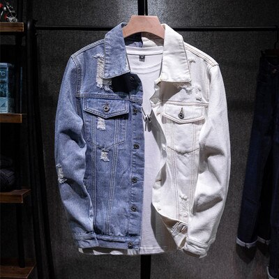 Chaquetas vaqueras de algodón para hombre, estilo Hip Hop, ajustadas, Azul, Blanco, de retazos, color sólido, informal, para motociclismo, de talla grande 5XL: XXL