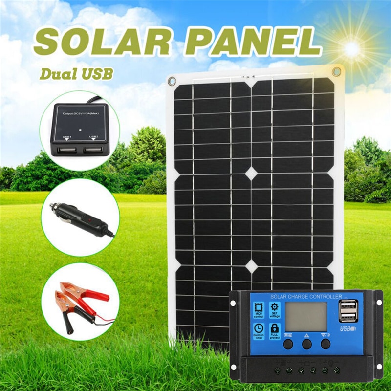 12V 180W Solar Panel Kit 2 USB Port Off Grid Monocrystalline Module LCD Display With 10-60A Solar Charge Controller