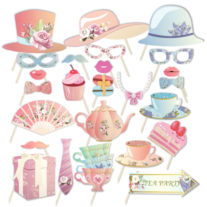 25pcs Funny Tea Party Photo Booth Props Tea Garden Floral Party Decorations DIY Photobooth Photo Props Wedding Party Supplies