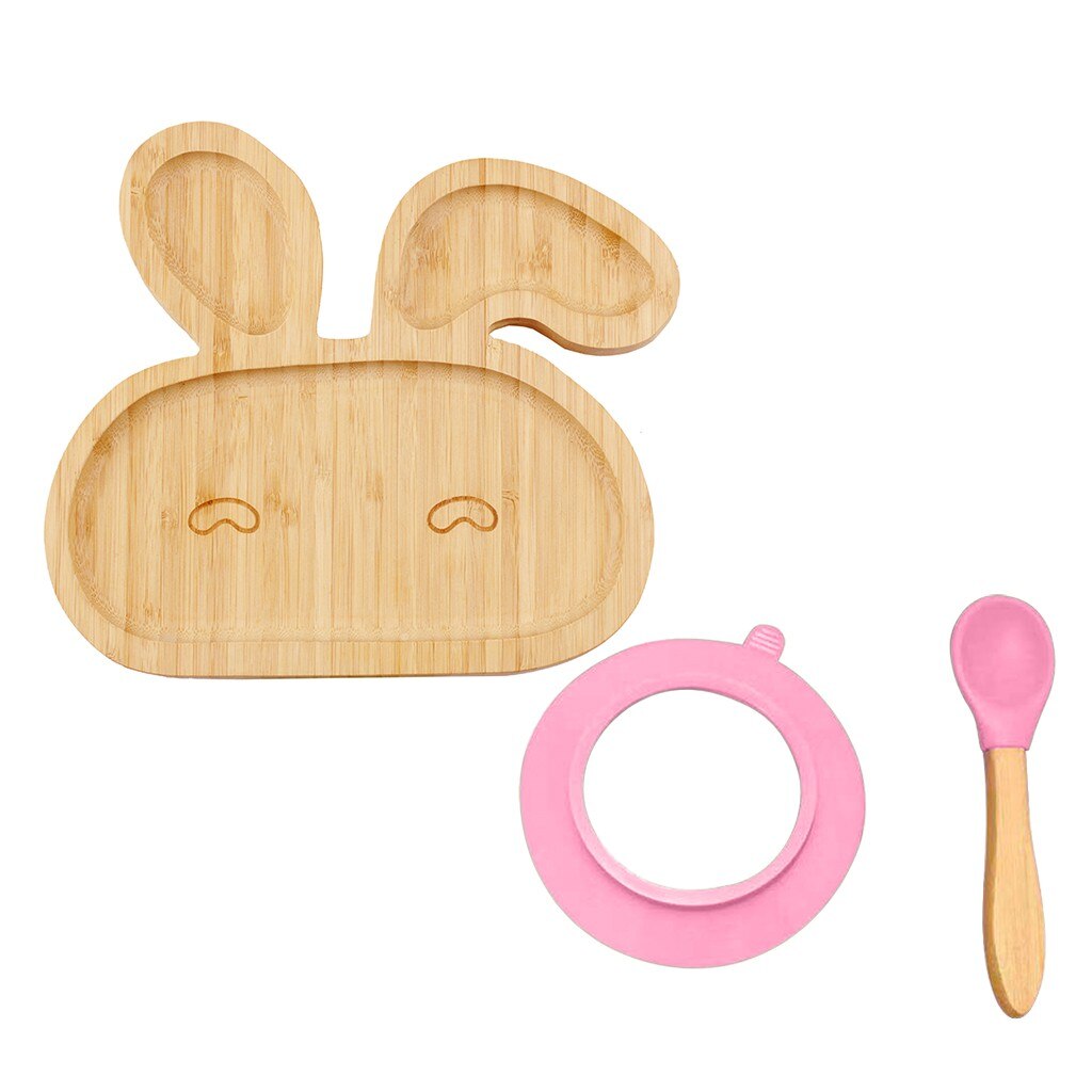 Baby Toddler Bamboo Sheep Plate Silicone Suction Feeding Bowl Suction Spoon Set Tableware Kitchen Accessories #30: Pink 
