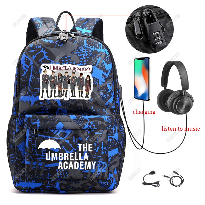 The Umbrella Academy Backpack Students Capacity School Bags For Boy Girl Teenager USB Charge Computer Anti-theft Laptop Mochilas: Lavender