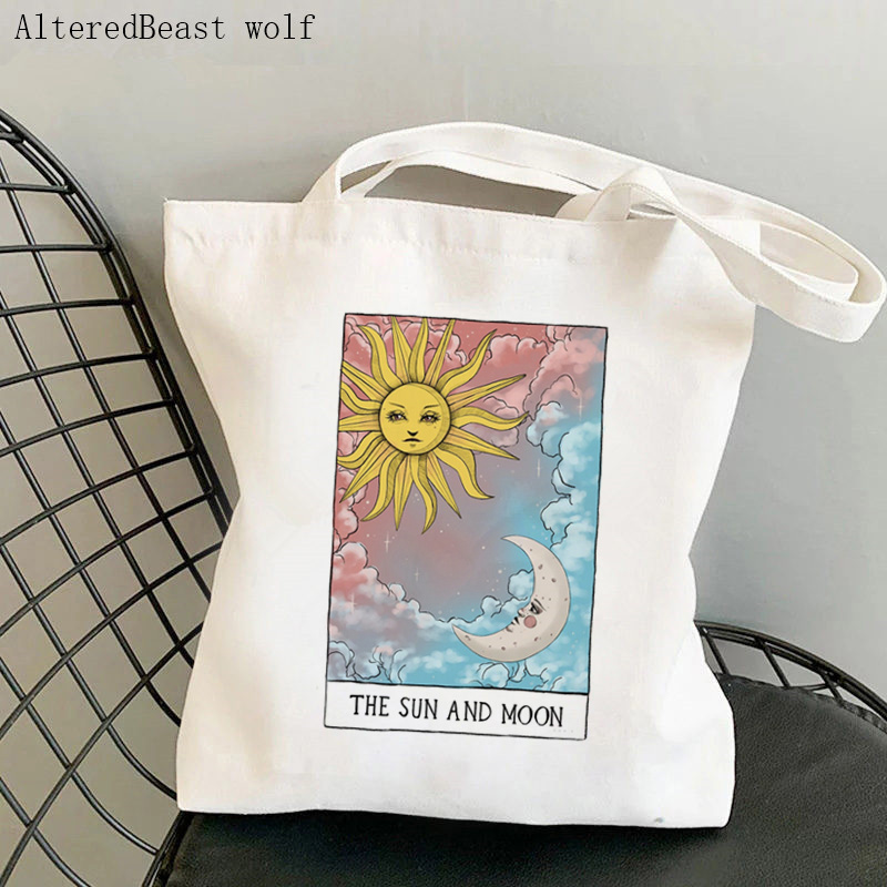 Frauen Käufer tasche mond sonne Tarot Gedruckt Kawaii Tasche Harajuku Einkaufen Leinwand Käufer Tasche mädchen handtasche Tote Schulter Dame Tasche: b2661