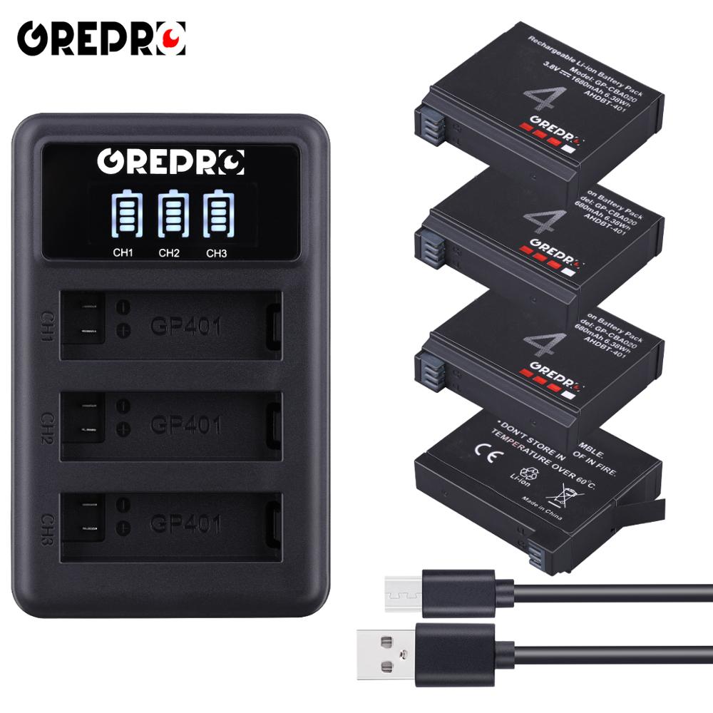 3 st 1680 mah gopro hero 4 ahdbt -401 batteri+ led 3- platser usb-laddare för gopro hero 4 gopro ahdbt -401 actionkamera batteri: 4b med laddare