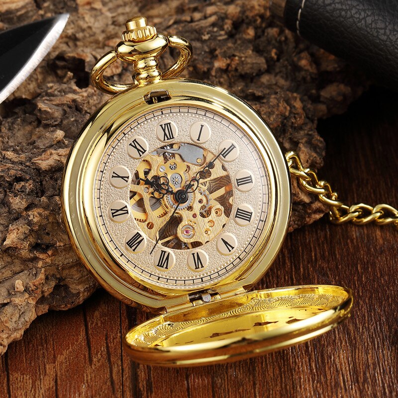 Golden 2 Side Mechanisch Zakhorloge Hollow Herten Patroon Steampunk Skeleton Fob Horloges Ketting Hangende Horloge Voor Vrouwen Mannen