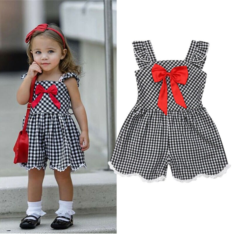 Peuter Kids Baby Meisje Strik Plaid Romper Overall Palysuit Zomer Mode Boog Kant Jumpsuit Faux Jurk Kleding
