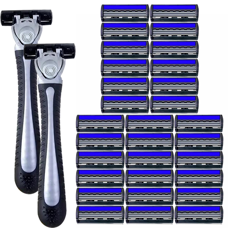 Maquinilla de afeitar Manual de 3 capas para mujer, maquinilla de afeitar clásica, juego de afeitado, cuchillas de acero inoxidable reemplazables, afeitadora para mujer con tira de lubricante, reutilizable: Azul