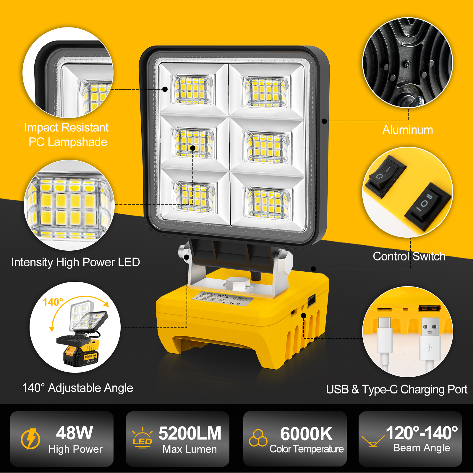 Portátil 48w 5200lm led luz de trabalho sem fio luz de trabalho base ajustável recarregável led holofote para dewalt sem bateria