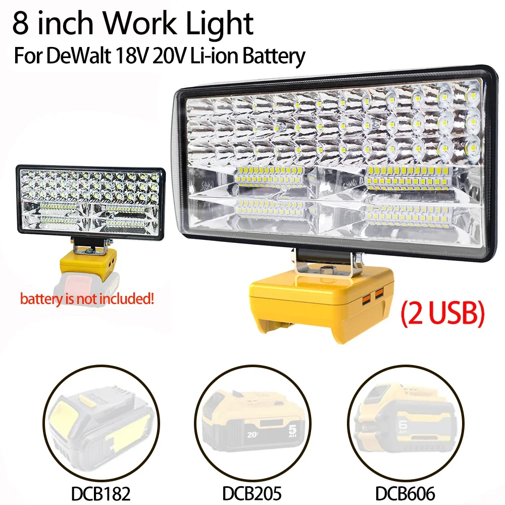 8 tommer led-arbejdslampe til bil, lommelygte, elektrisk lommelygte, spotlight til dewalt dcb 206 dcb 606 18v 20v 60v li-ion-batteri, usb-powerbank