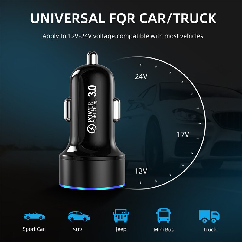 UKGO – chargeur de voiture à LED 6A PD 18W, double USB, Charge rapide 3.0, pour téléphone portable, pour iPhone Huawei Samsung Galaxy
