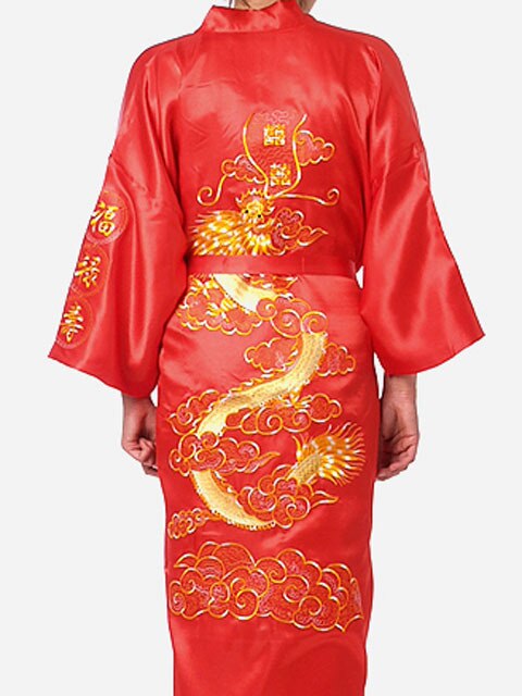 Burgund Herren Kimono Robe Stickerei Bad Kleid Faux Seide Bademantel Nachthemd Nachtwäsche Hombre Pijama Größe S M L XL XXL XXXL: Rot / M