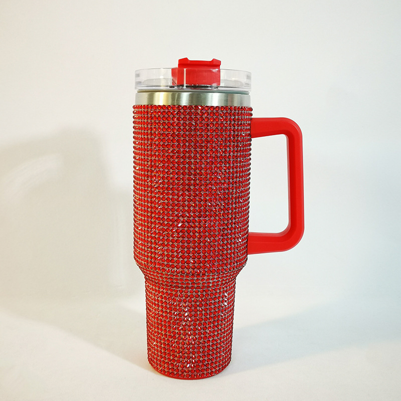 Taza Termo de diamante de 40oz con asa, botella aislada de café al vacío de acero inoxidable 304, frascos portátiles para coche: Rojo