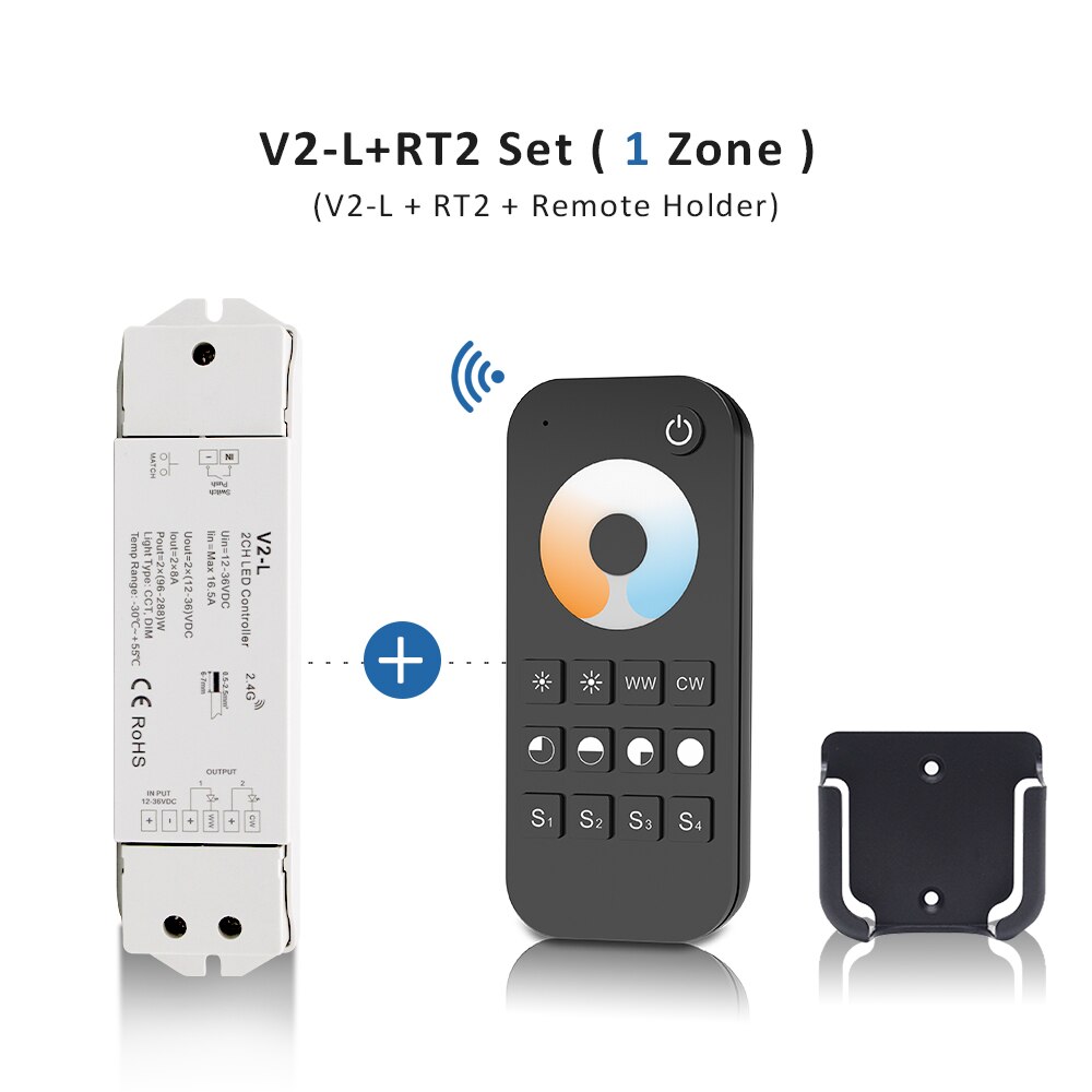 WW CW LED Controller 12V 24V 36V 2CH 16A 2.4G Wireless Remote Control RF LED Dimmer Switch for CCT Daul White LED Strip Light: V2-L and RT2 Set