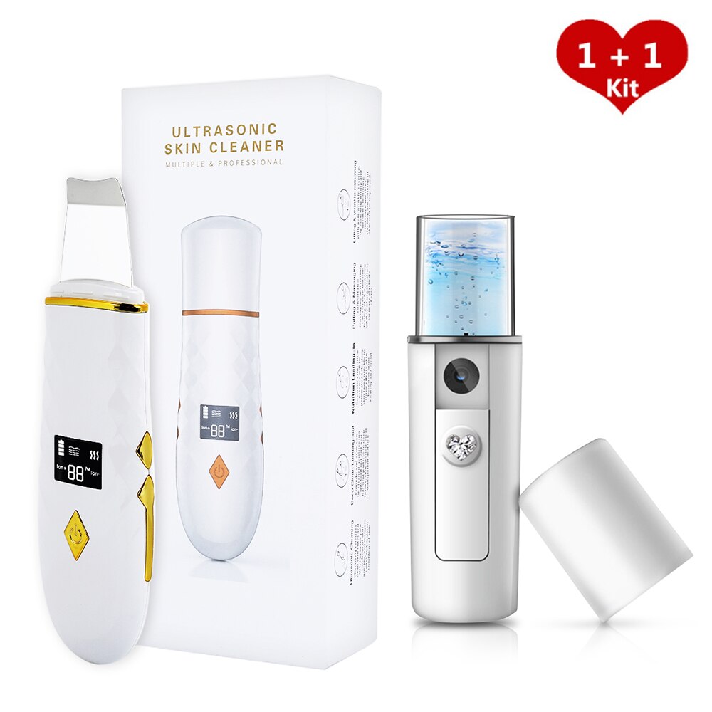 Depurador de piel con calor de 45 °C + rociador Facial de Nano ultrasónico, pala exfoliante eléctrica, limpiador de poros, masajeador de estiramiento Facial: White Set