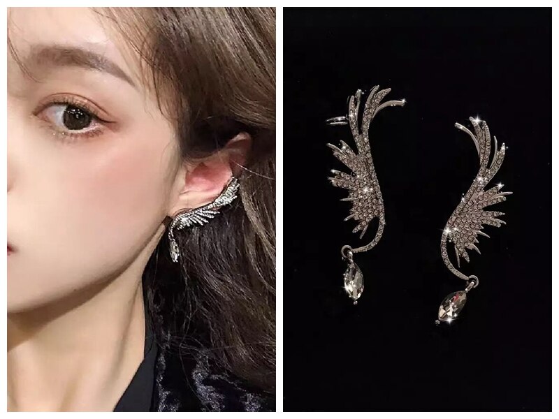 Flash Diamond Earrings Angel Wings Wings Zircon Exaggerated Earrings Retro Ear Bone Clip Female