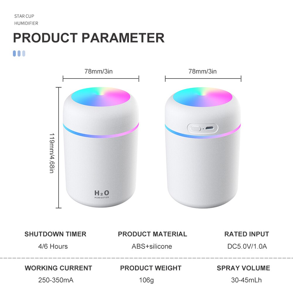 Draagbare 300ml luchtbevochtiger, usb, ultrasone dazzle cup, aroma diffuser, koele mistmaker, luchtbevochtiger en luchtreiniger met romantisch licht