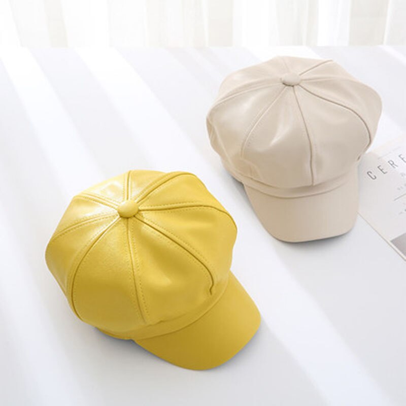 Boina de cuero PU para hombre y mujer, gorra de pintor de Color sólido Retro Para otoño e invierno TC21