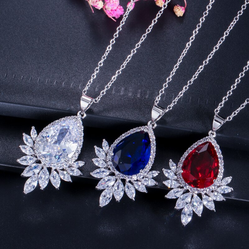 CWWZircons White Gold Color Cubic Zirconia Jewelry Big Tear CZ Ladies Necklace And Earring Set T051