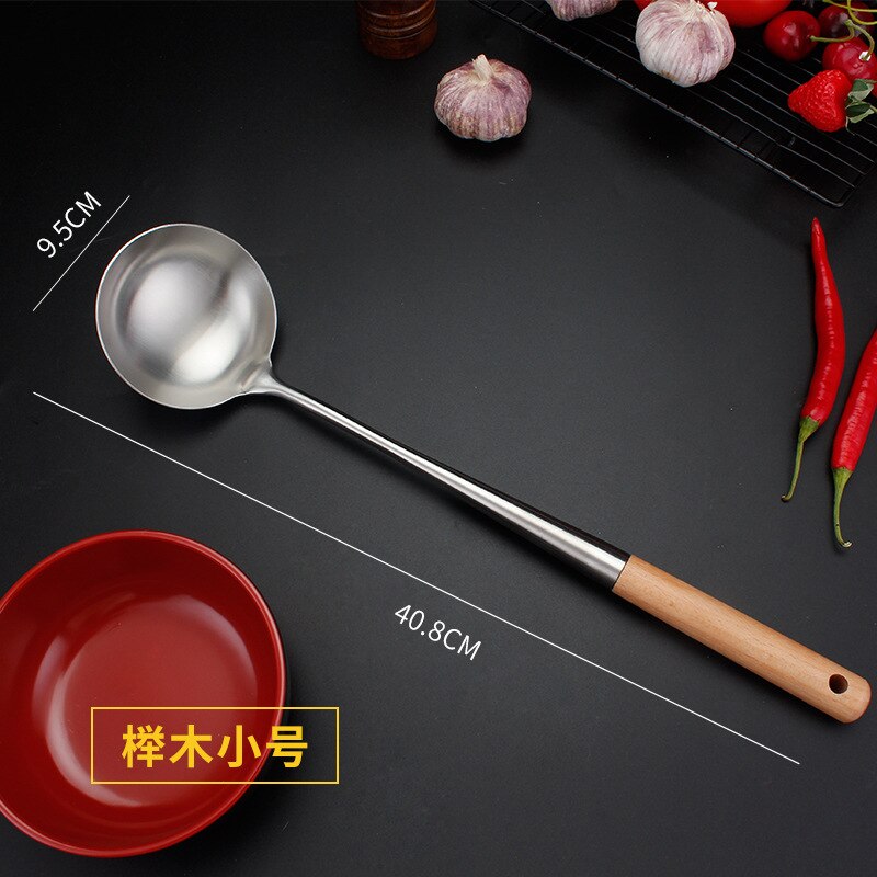 304 Stainless Steel spatula spoon with wooden handle lengthened cooking spoon anti-scalding cooking shovel kitchenware: Beech spoon