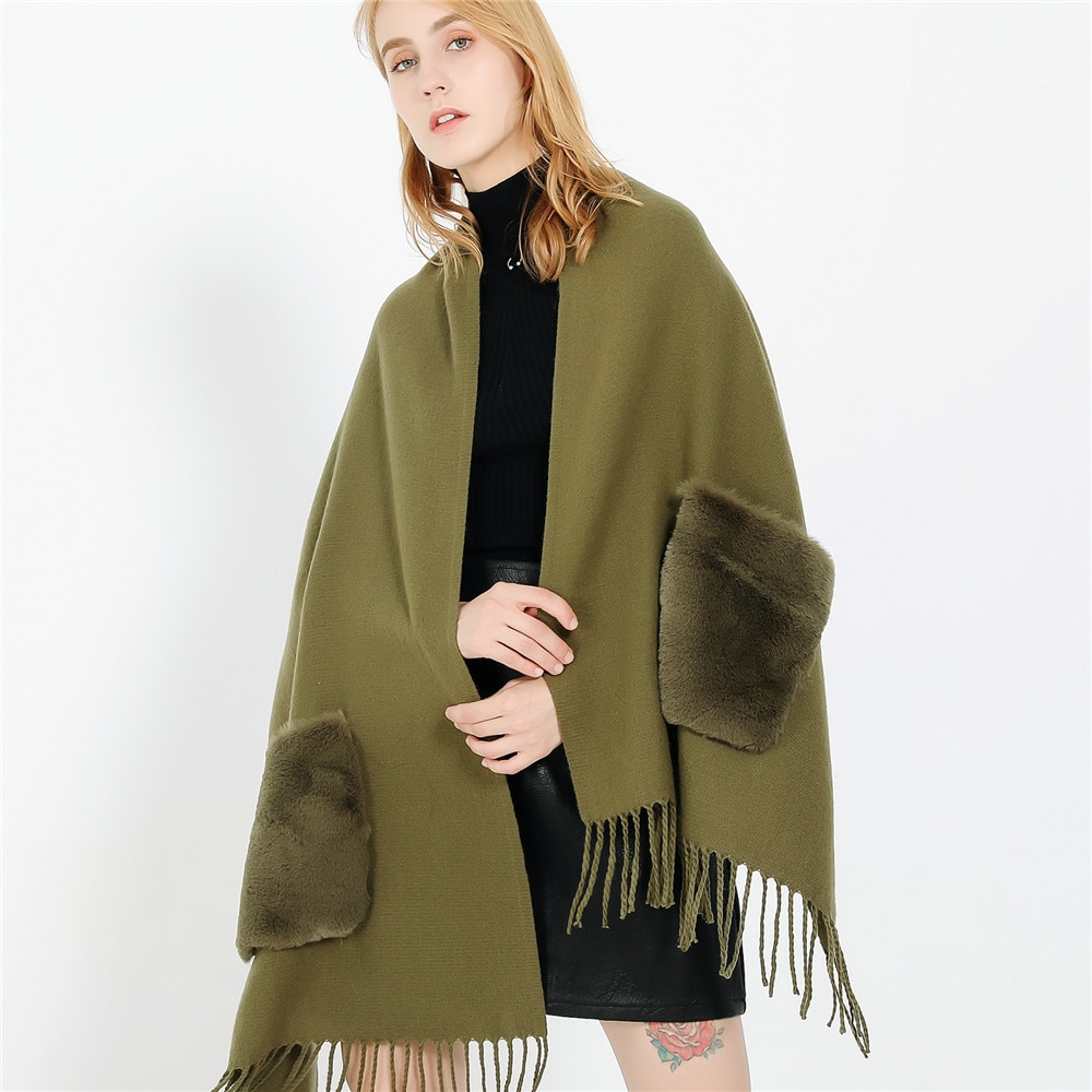 Écharpe en cachemire avec poches pour femmes, châle Poncho, châle, Pashmina d'hiver, couverture, Foulard à pompon, couverture, collection