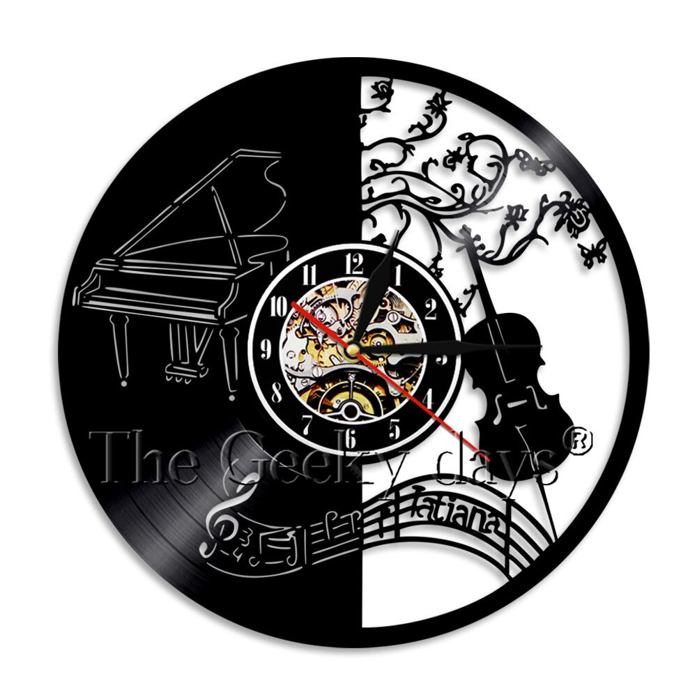 1Piece Music Instrument Vinyl Record Wall Clock Violin Piano LED Hanging Watch Time Clock Modern Music Wall Art Home Decorative: NO LED