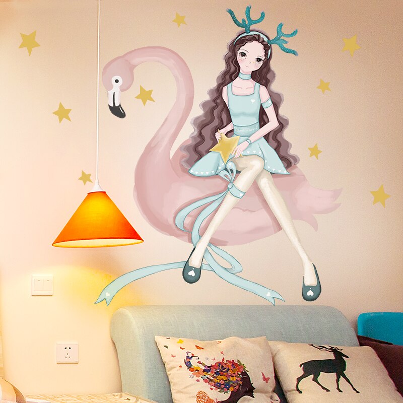 Muurstickers voor cartoonmeisjes, doe-het-zelf flamingo-dieren, muurstickers voor kinderkamers, babykamer, kinderkamer, huisdecoratie