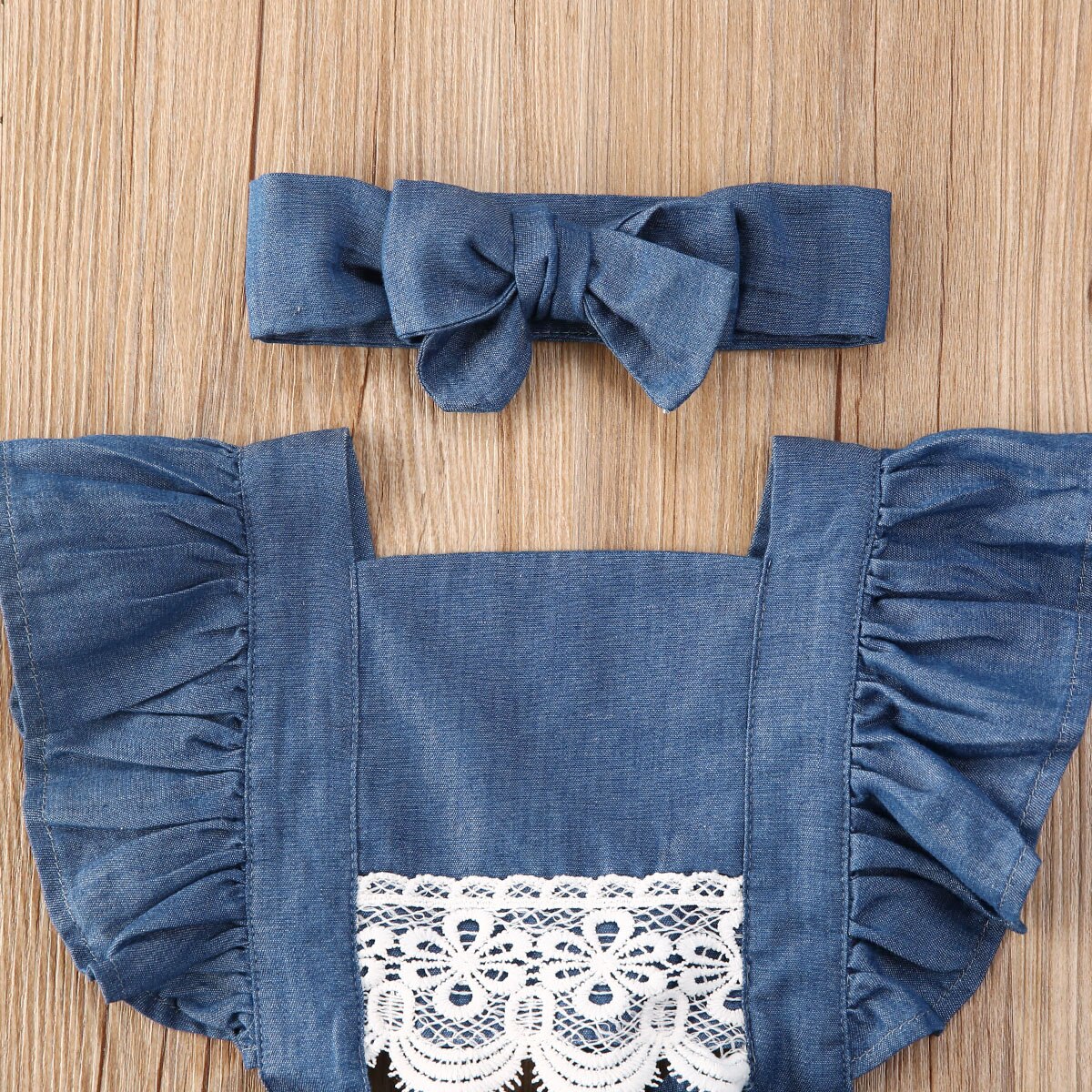 0-24M Summer Baby Girls Boys Denim Bodysuits Headband 2pcs Ruffles Short Sleeve Lace Blue Jumpsuits