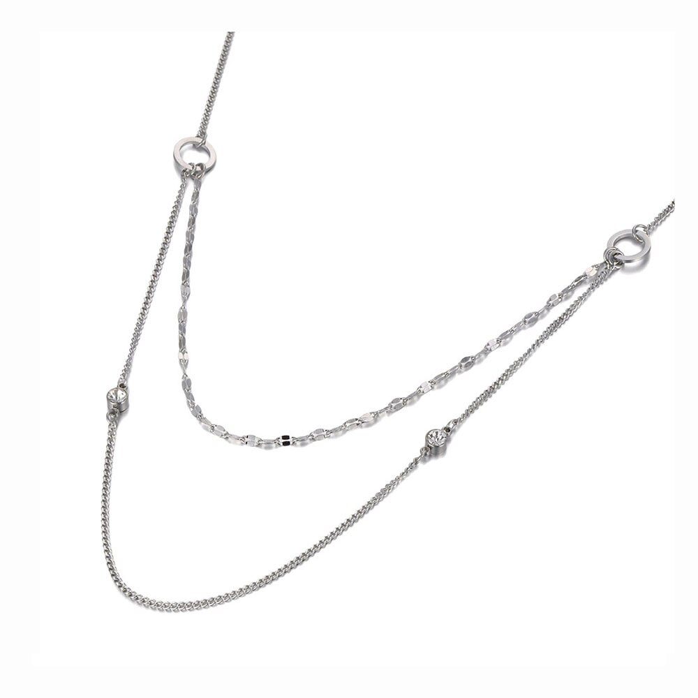 Lokaer Bohemia Stainless Steel Double-layer Choker Necklace CZ Crystal Charm Pendant Chain & Link Jewelry For Women N20055: Steel