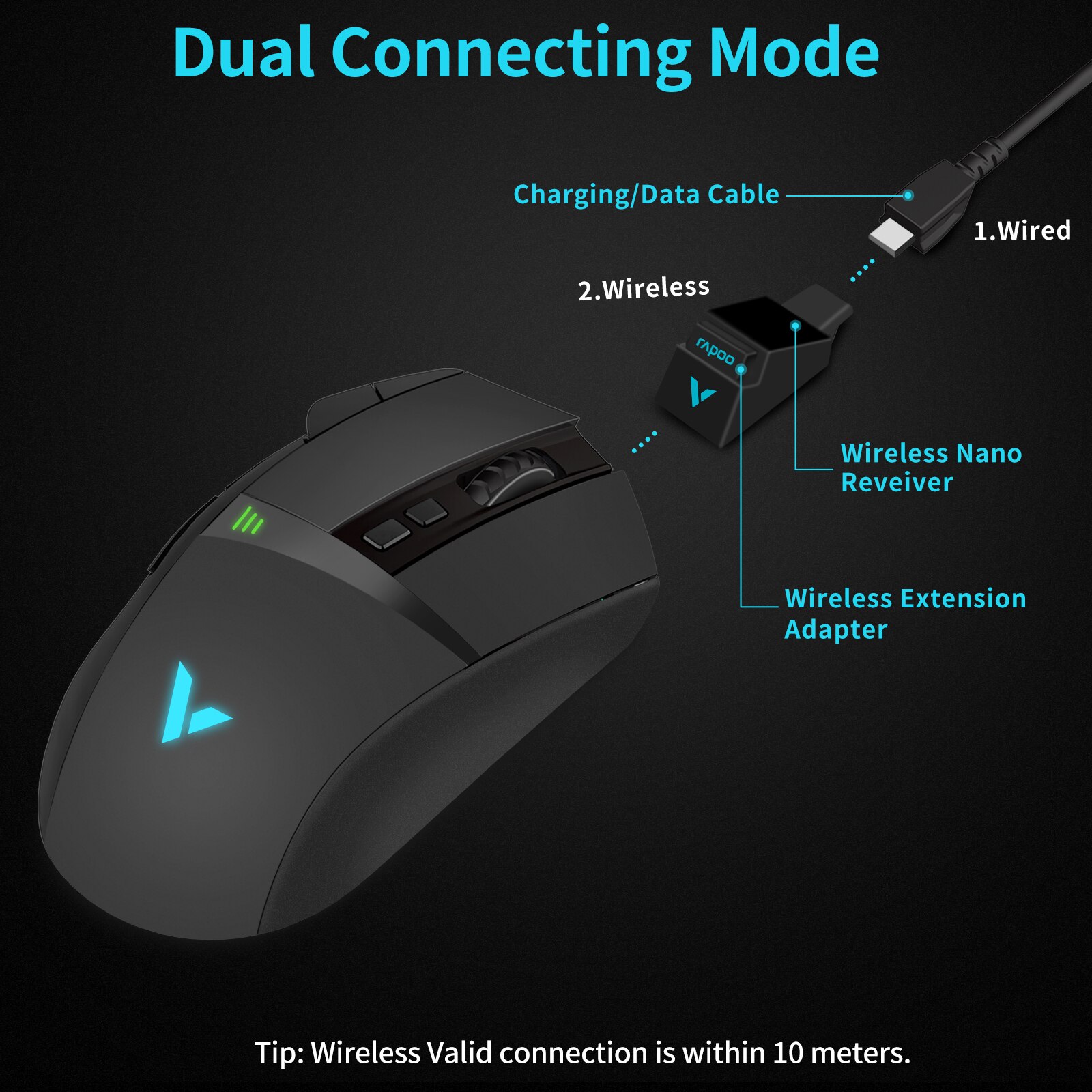 VT350C Wired/Wireless Dual Modes Gaming Mouse Rechargeable 11 Programmable Buttons Optical Mouse 5 Adjustable DPI RGB Backlight