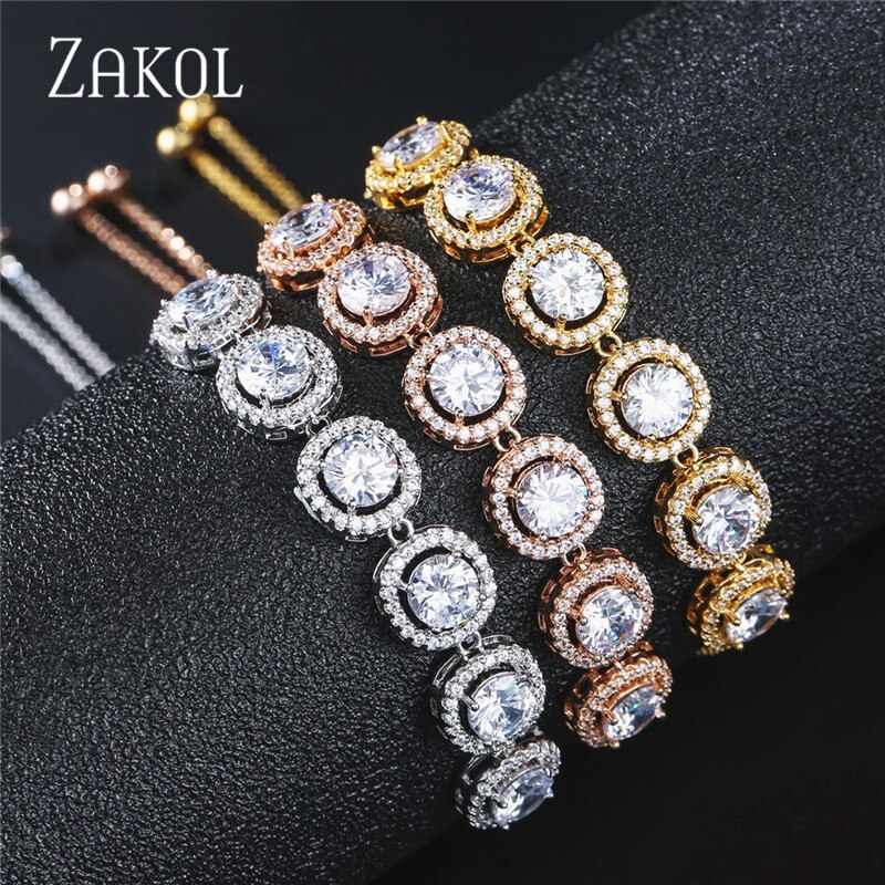 ZAKOL pulsera de eslabones de cadena ajustable de Zirconia cúbica redonda a la con brazaletes de cristal para mujeres bisutería India FSBP2067