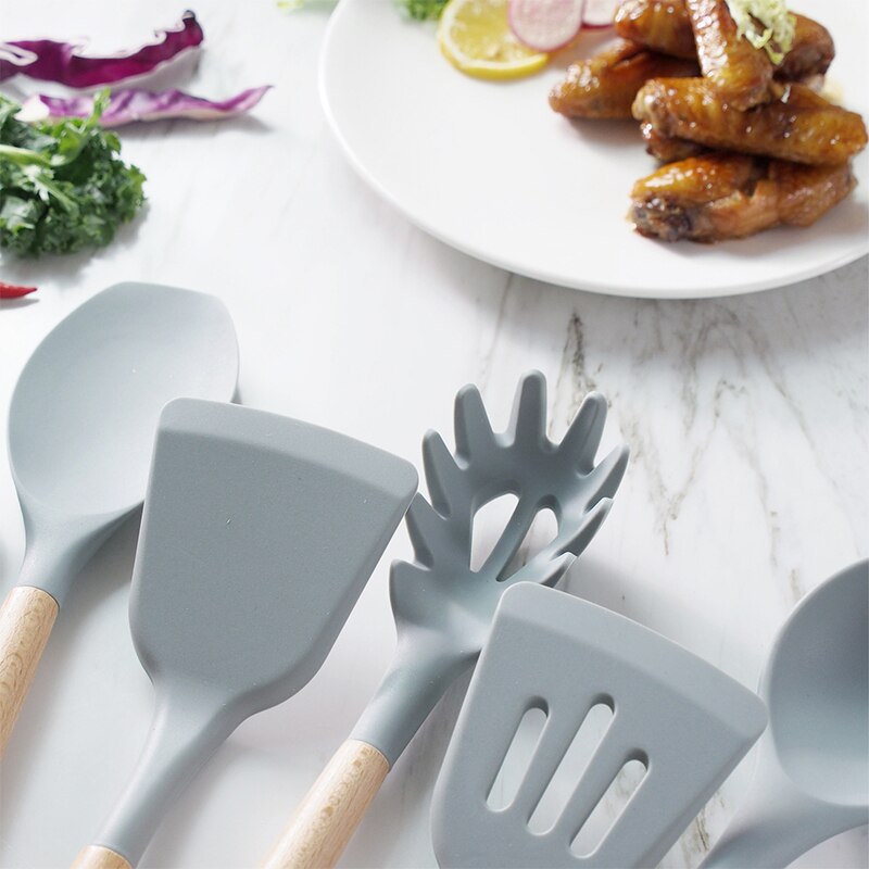 Silicone Cooking Utensils Kitchen Utensil Set Non-stick Heat Resistant Silicone,Cookware with Wooden Handle