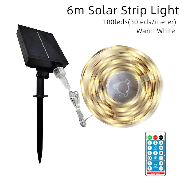 Gylbab-tiras de luces LED solares, 8 modos, Control remoto, 3 m6m12m 90, exterior, impermeable, noche, para garaje, césped y jardín: 6m warm white