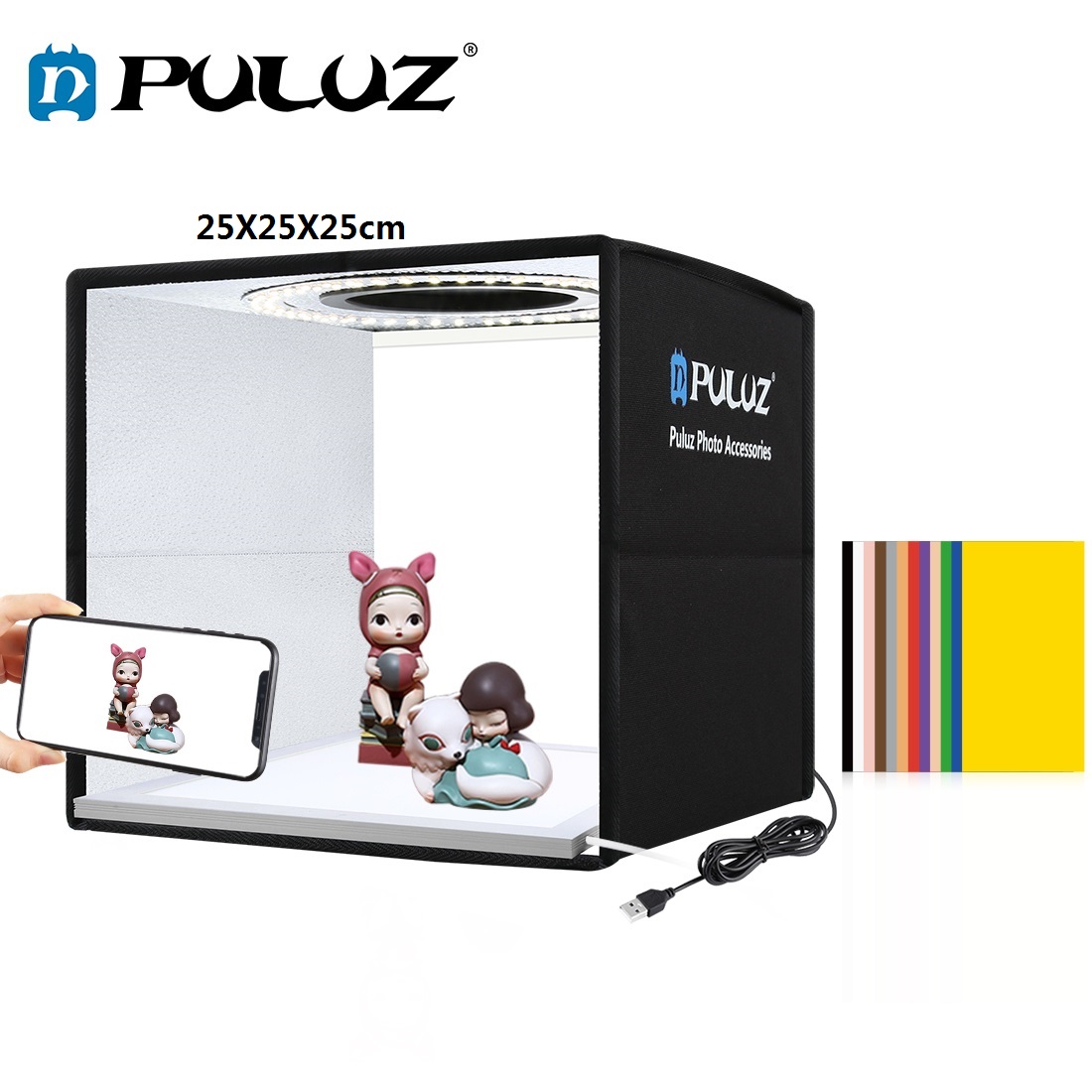 Puluz 25Cm Licht Doos Vouwen Mini Studio Photo Box Fotografie Ring Verlichting Product Schieten Tent Kits &amp; 6 Kleur achtergronden