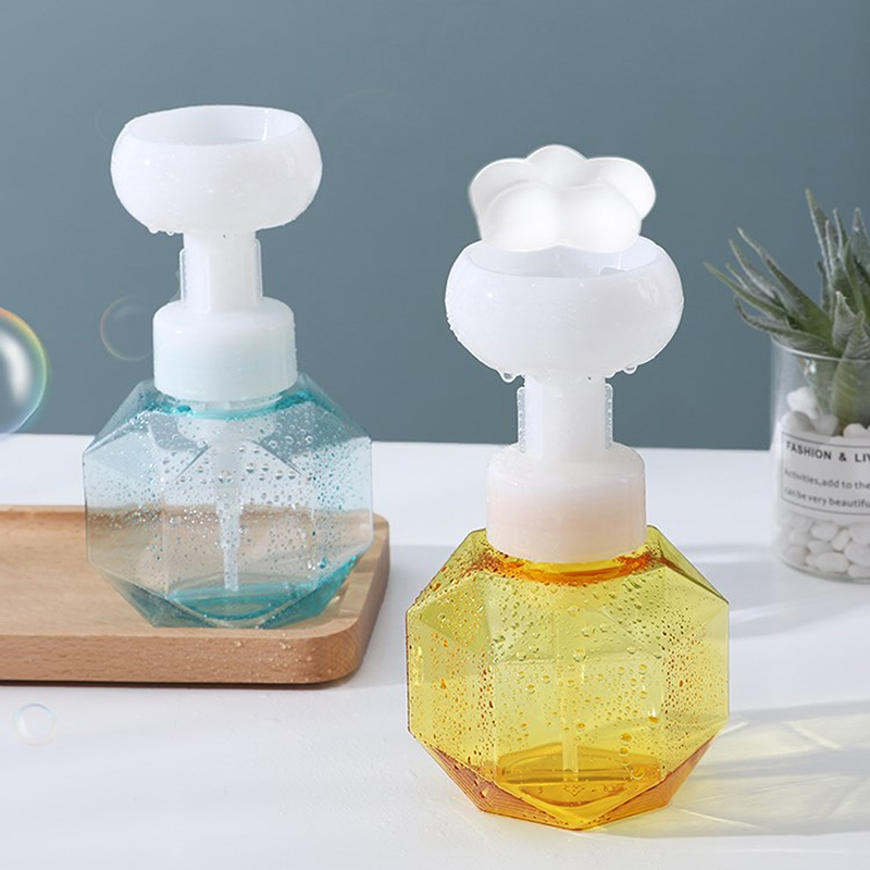Blomsterformet sæbeskum ildslukker skumpumpe, gennemsigtig plastflaske, rejse shower gel skumpumpe, badeværelsesflaske.