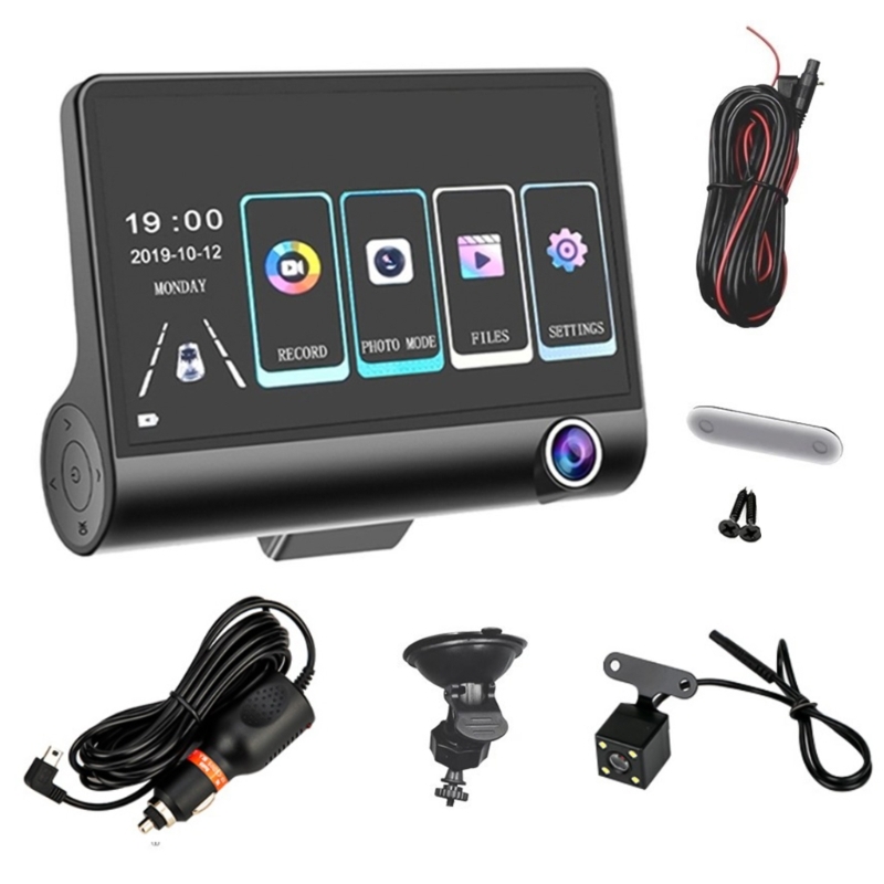 Bil-dvr 3 kameraer full hd 1080p videoopptaker automatisk registrator lcd-skjerm ryggekamera loopopptak: Hvit