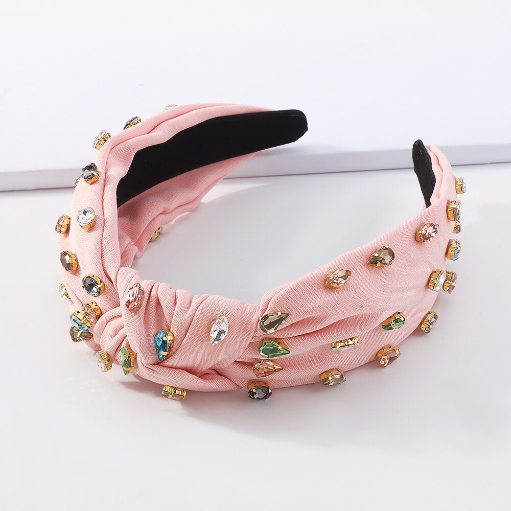 Colorido strass bandana nó médio turbante hairband para mulheres meninas artesanal casual cabeça banda nova moda acessórios para o cabelo: pink