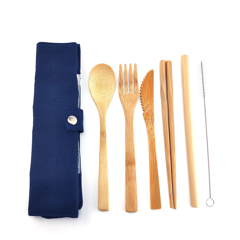 Eco Friendly Bamboo Cutlery Set of Wooden Utensils with Reusable Bamboo Spoon, Fork, Knife,and Reusable Straw Cleaner For Travel: 1224-S-1