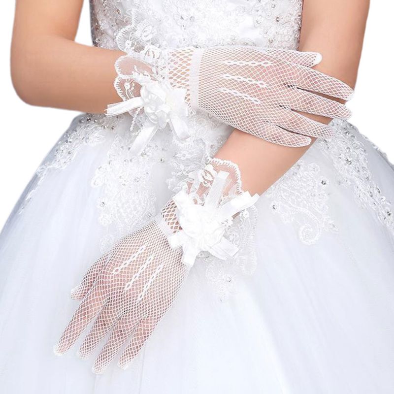 novia verano vestido de novia guantes de encaje Flores grandes corto con guantes de dedos guante hueco de malla