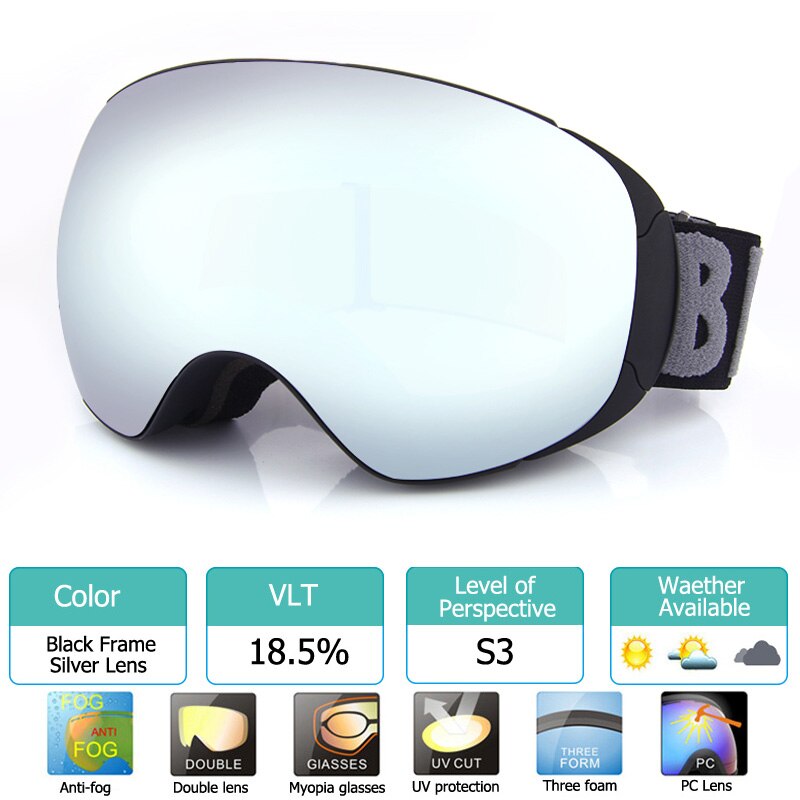 Novo óculos de esqui magnético com lente de mudança rápida uv400 proteção anti-nevoeiro snowboard óculos para homem e mulher óculos de esqui: Black with Silver