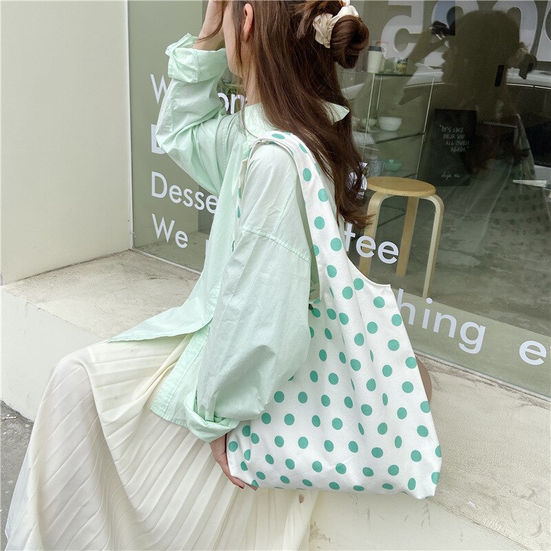 Retro Polka Dot mujeres bolsos de lona estudiante Simple hombro bolsa Vintage de mujer playa Casual bolso bolsas de compras