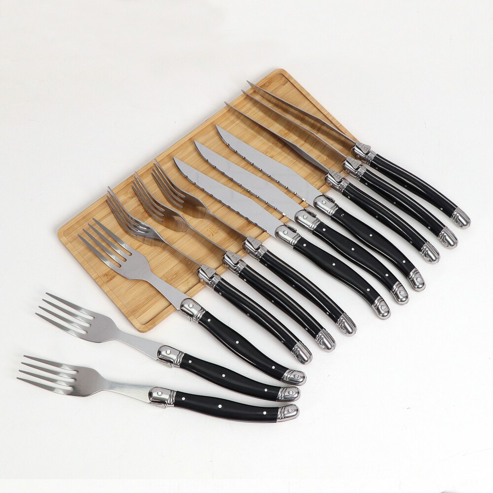 Juego de 6 cuchillos y tenedores para carne de acero inoxidable, juego completo de cubiertos de acero Laguiole con vajilla con mango de ABS negro
