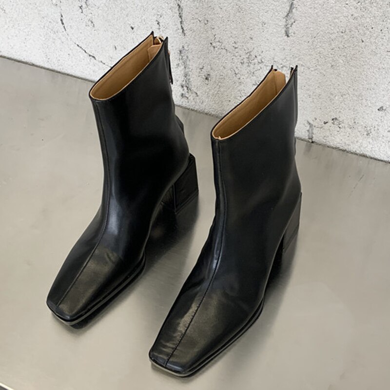 Winter Ins Elegante Vrouwen Wit Blok Hoge Hakken Enkellaarsjes Lady Vierkante Neus Korte Laarzen Chelsea Laarzen Party schoenen: Black / 8.5