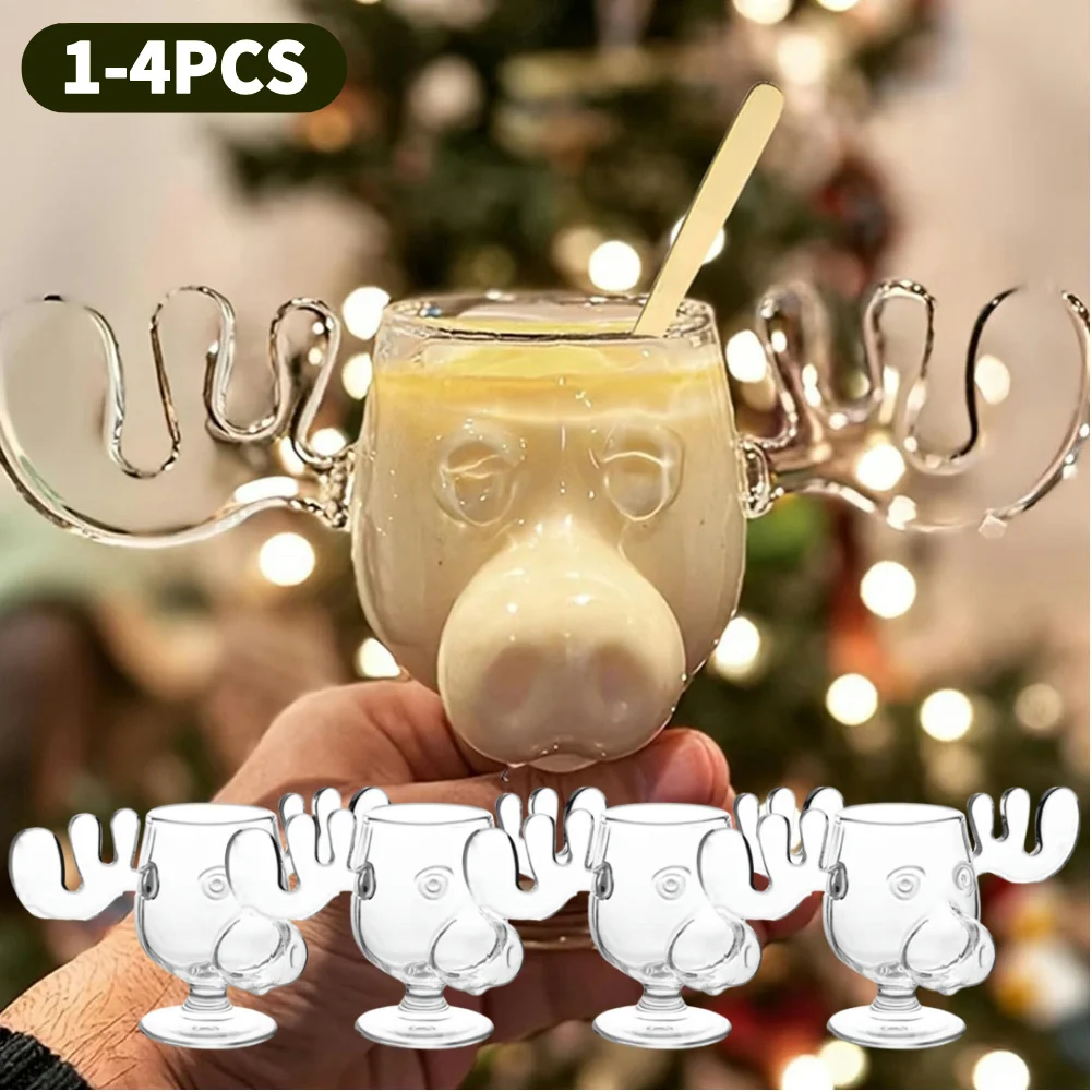 1-4PCS 240ml 8oz Christmas Vacation Moose Mug Christmas Reindeer Head Elk Glass Wine Beer Water Juice Milk Glass