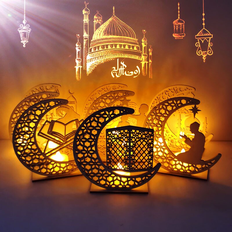 LED Wooden Eid Mubarak Plaque Moon Star Ramadan Ornament Muslim Decor Ramadan Eid Moon Star Wooden Pendant Islam