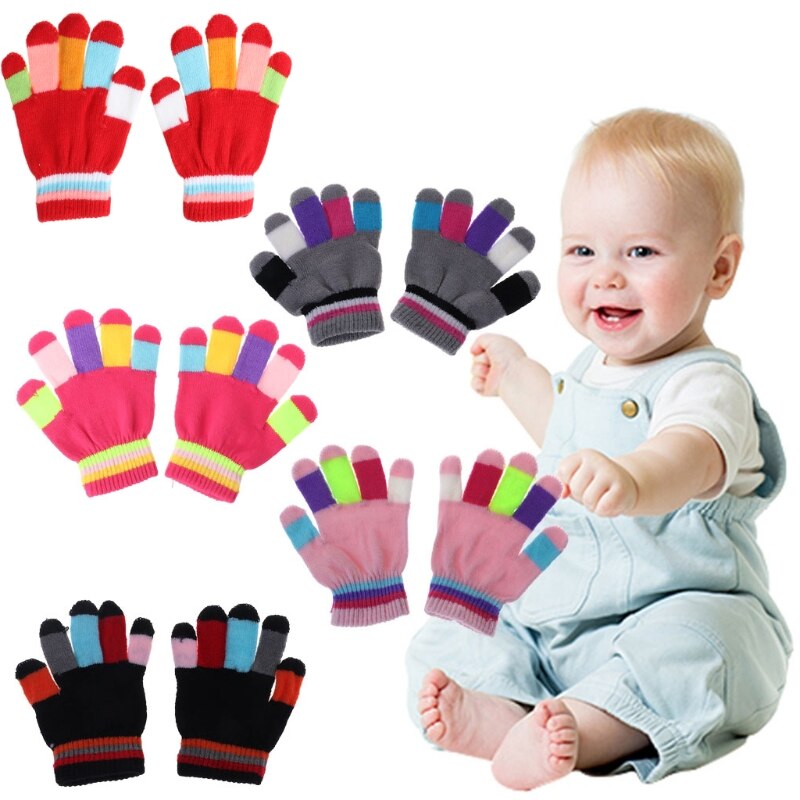 1 Paar Kids Handschoenen Volledige Vinger Warme Winter Kinderen Kleurrijke Streep Gebreide Jongens Meisjes Effen Handschoen Multi Kleur Elastische