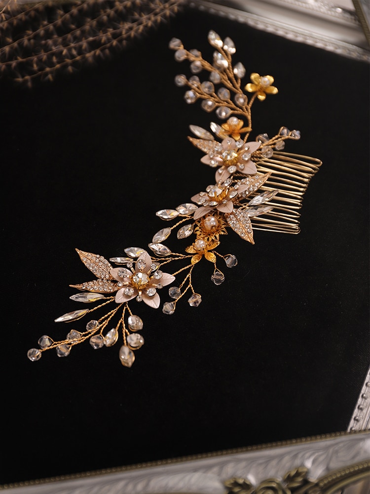Bröllop tiara bladguld blomma hår kam handgjord brud pannband ädla kvinnor hår smycken bröllop accessoarer hår brud
